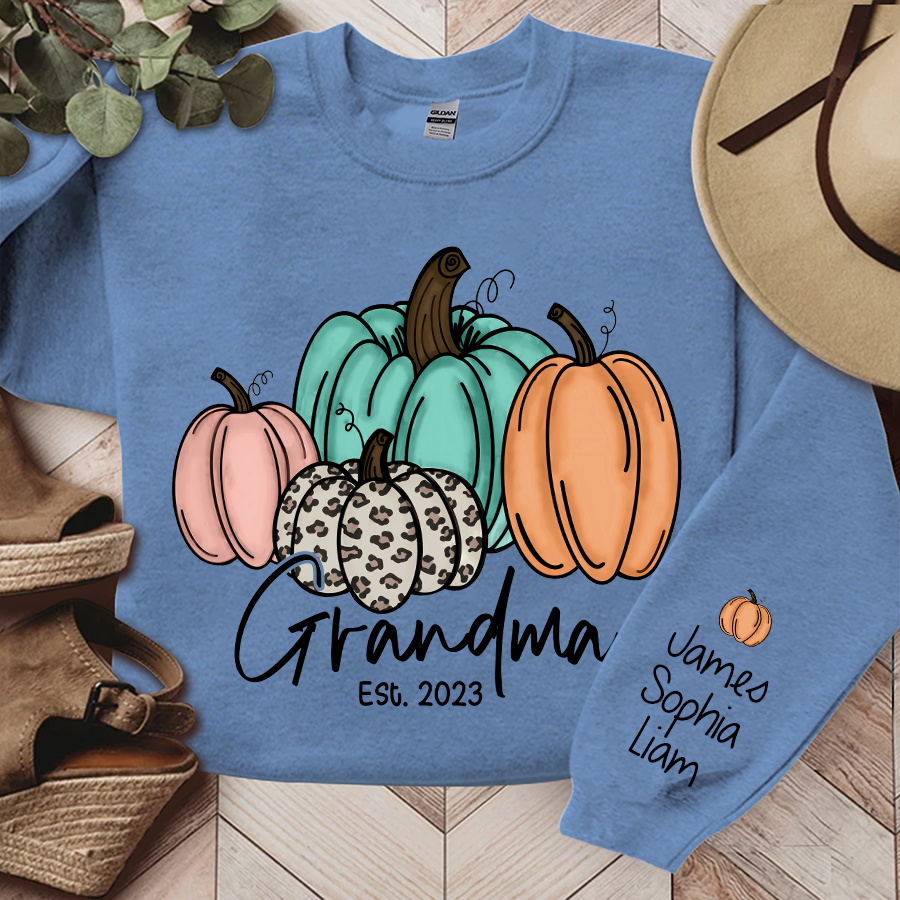 Grandma Est Fall Pumpkin Sweatshirt, Custom Grandma Est And Kids Autumn, Grandma Gift TH
