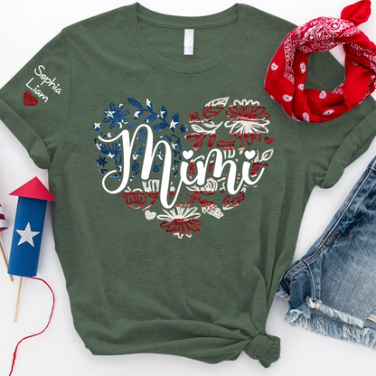 Custom Mimi T Shirt with Kids Names Patriotic Heart American Flag Floral Design Personalized Family Gift for Mimi