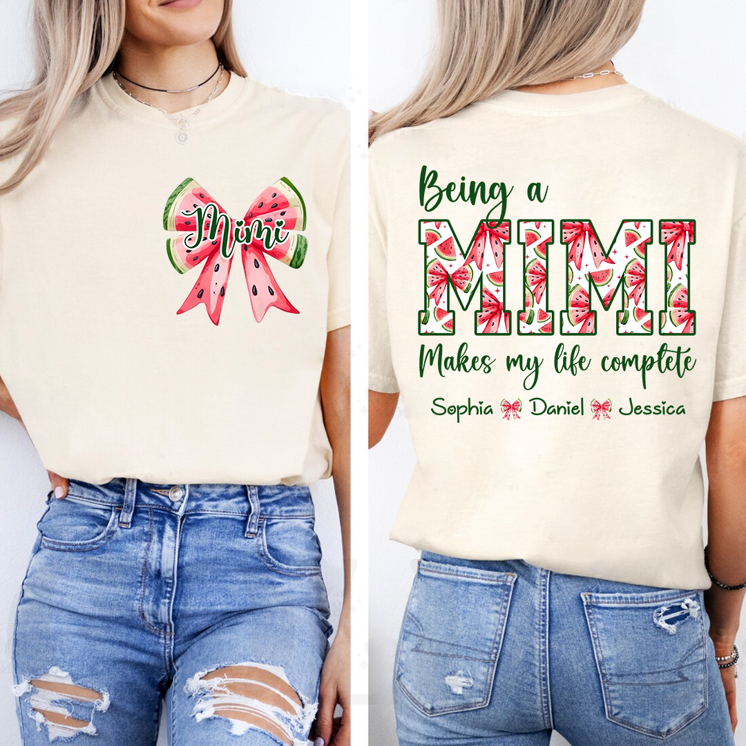 Mimi Custom Family Tee, Cute Watermelon Bow Shirt with Children’s Names, Gift for Mom Nana or Grandma
