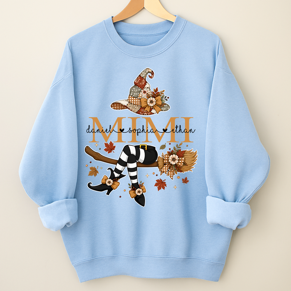 Personalized Halloween Mimi Sweatshirt, Witch Hat Pumpkin Floral Sweatshirt, Custom Kids Names Grandma Fall Outfit