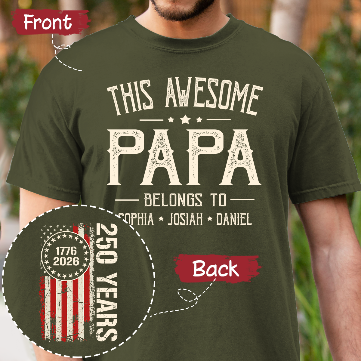 This Awesome Papa Shirt, Personalized Papa Tee with Kids Names, Patriotic 250 Years 1776-2026 Gift for Dad, Family Shirt