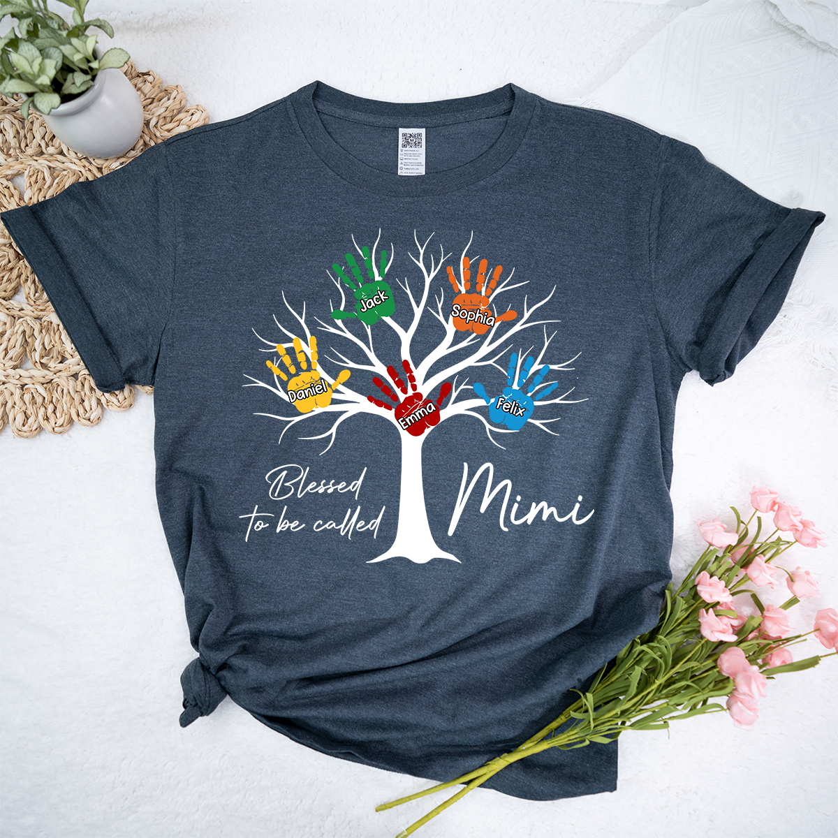 Personalized Mimi Shirt Blessed To Be Called Mimi Custom Grandkids Names Handprint Tree Grandma Gift