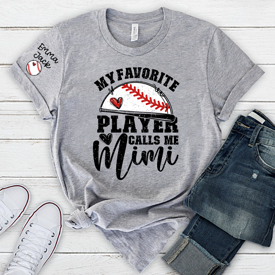 My Favorite Player Calls Me Mimi Shirt, Personalized Baseball T Shirt with Grandkids Names