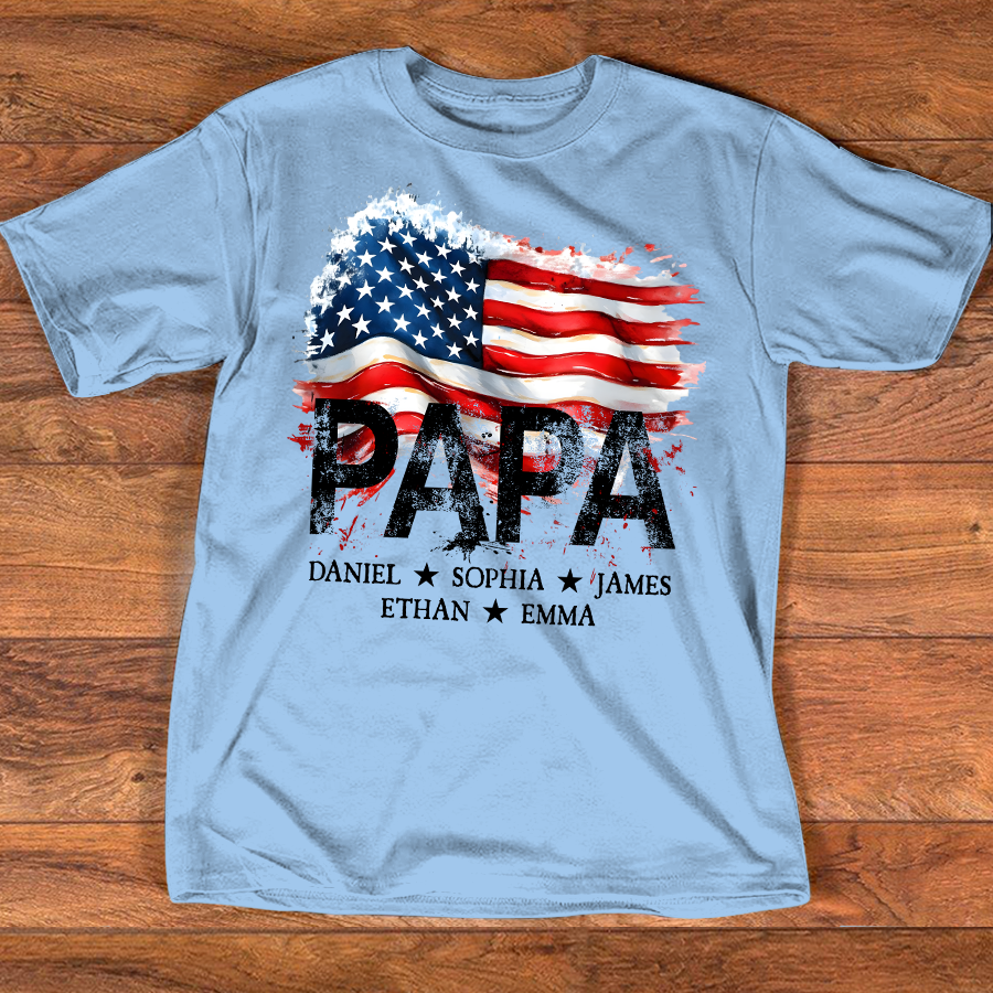 Papa American Flag Shirt, Personalized Papa Tee with Kids Names, Patriotic Grandpa Gift, Custom Family Shirt for Dad