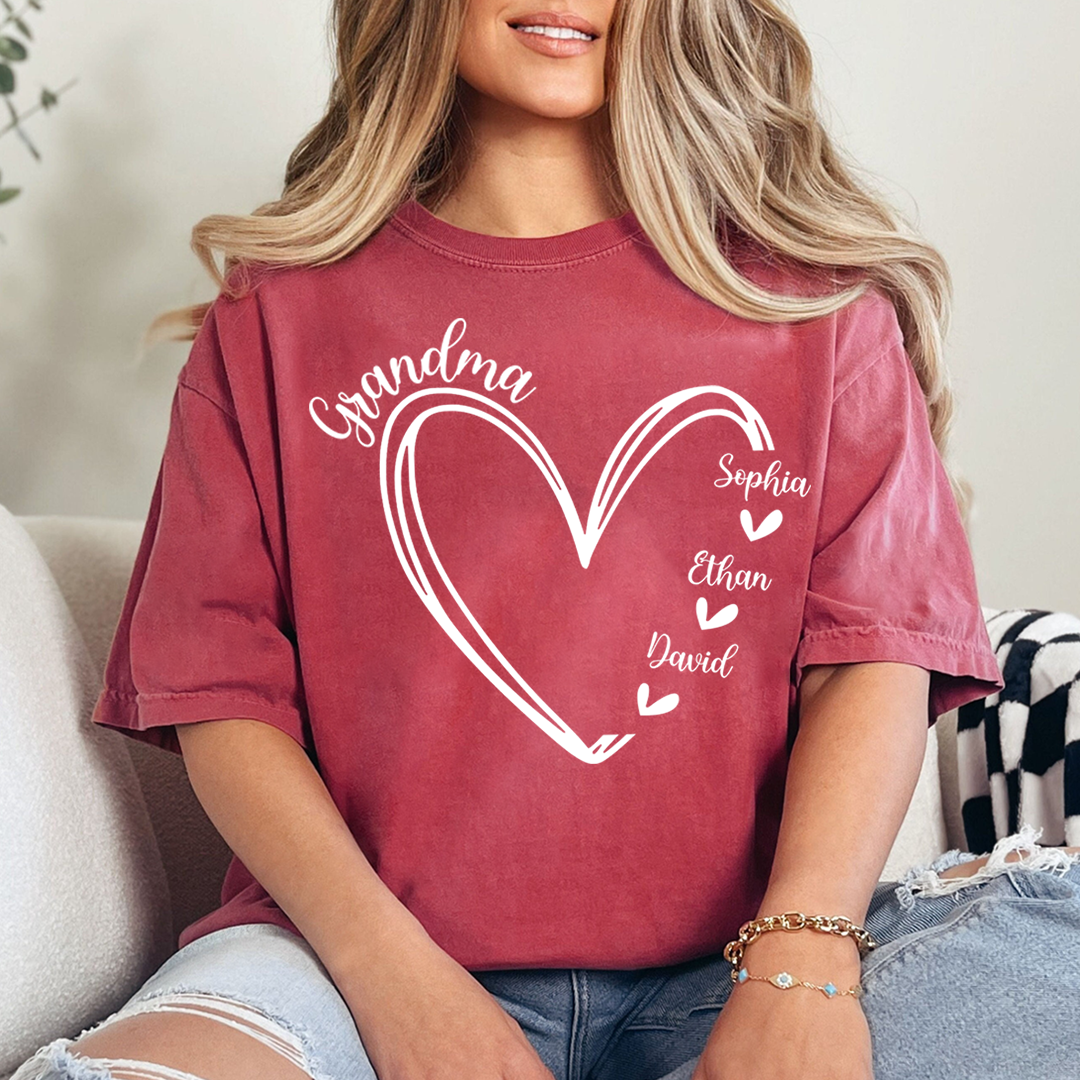 Personalized Grandma Heart Tshirt, Custom Nickname for Grandma and Kids