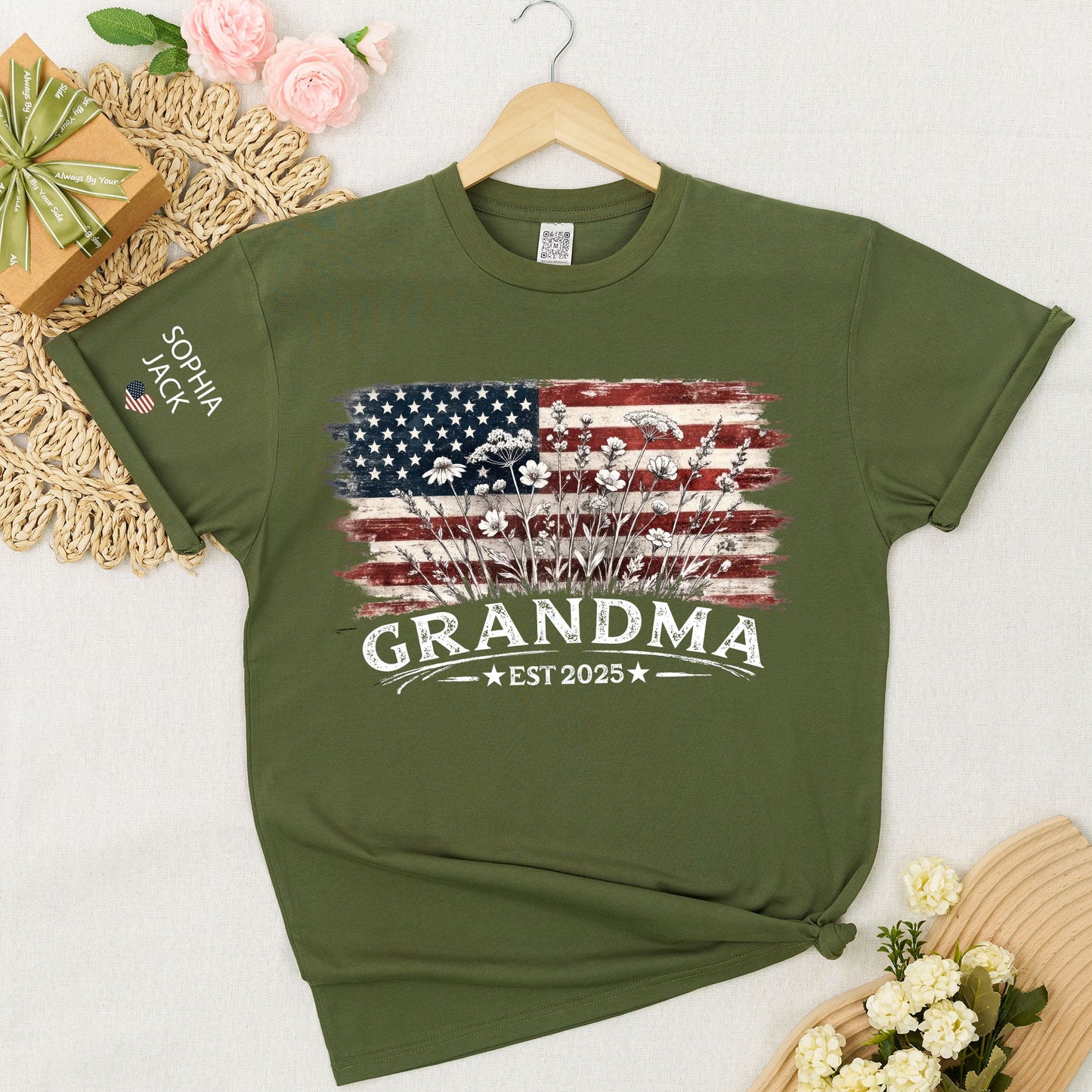 Personalized Grandma Est 2025 Shirt, Custom Nana Mimi Gigi Grandma Tee With Kids Names On Sleeve, Patriotic Floral American Flag Shirt Family Grandkids Gift U.S. 250th Anniversary Apparel