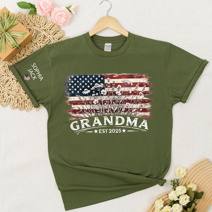 Personalized Grandma Est 2025 Shirt, Custom Nana Mimi Gigi Grandma Tee With Kids Names On Sleeve, Patriotic Floral American Flag Shirt Family Grandkids Gift U.S. 250th Anniversary Apparel