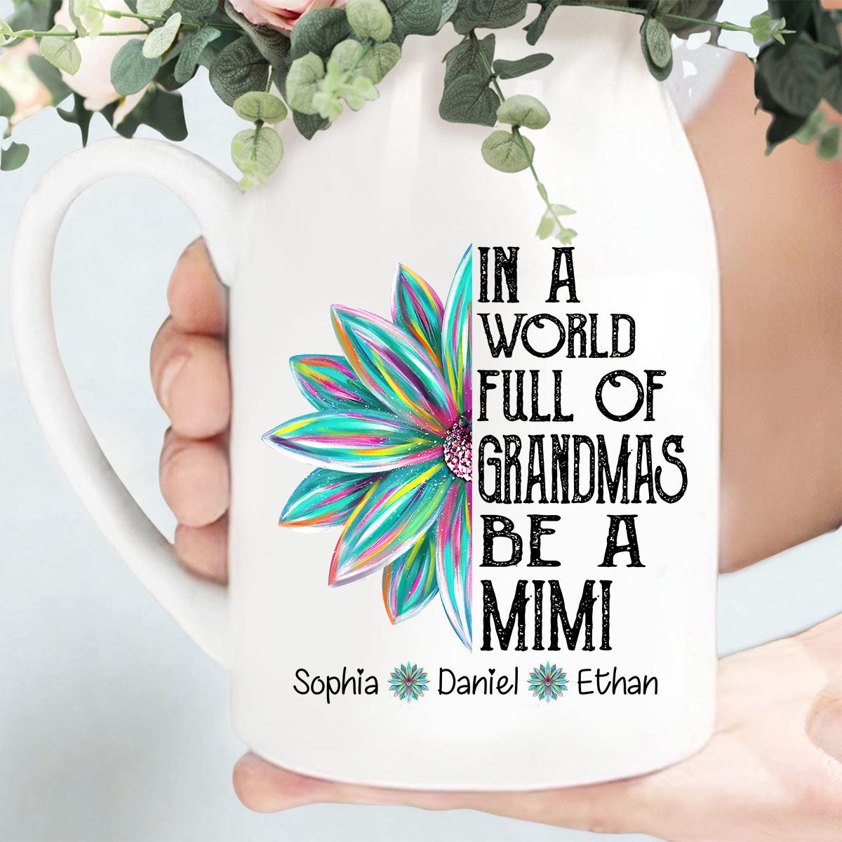 Personalized 'In a World Full of Grandmas Be a Mimi' Flower Vase, Custom Gift for Mimi with Grandkids' Names, Perfect for Mother's Day