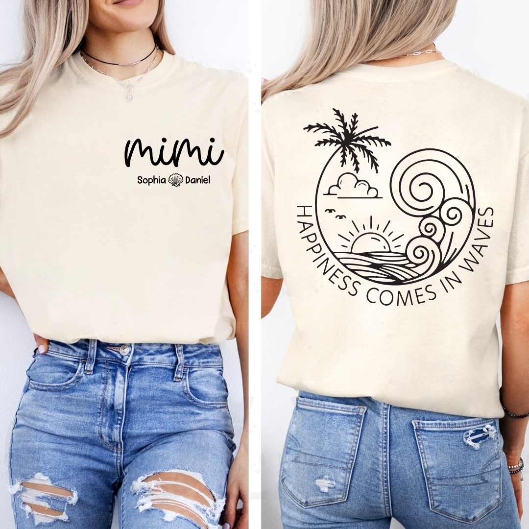 Custom Mimi Shirt with Kids Names, Happiness Comes in Waves Beach Tee, Personalized Grandma Summer Vacation Apparel
