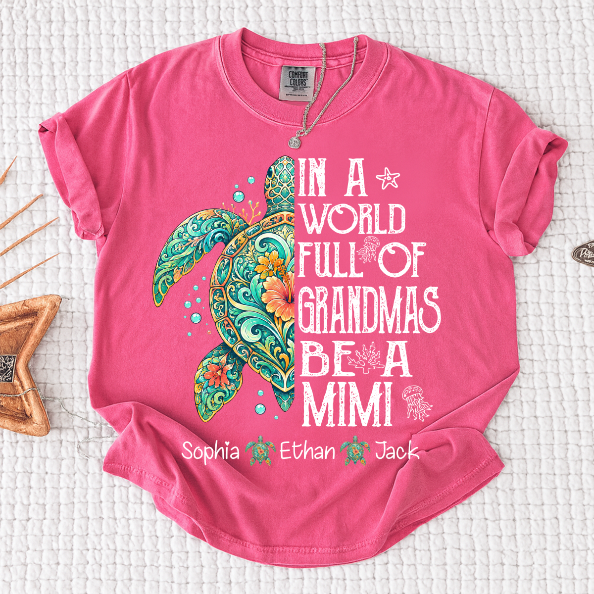 Cute Mimi Turtle Shirt for Women, Personalized Family Names T Shirt, Coastal Sea Life Graphic Tee, Gift for Grandma from Kids
