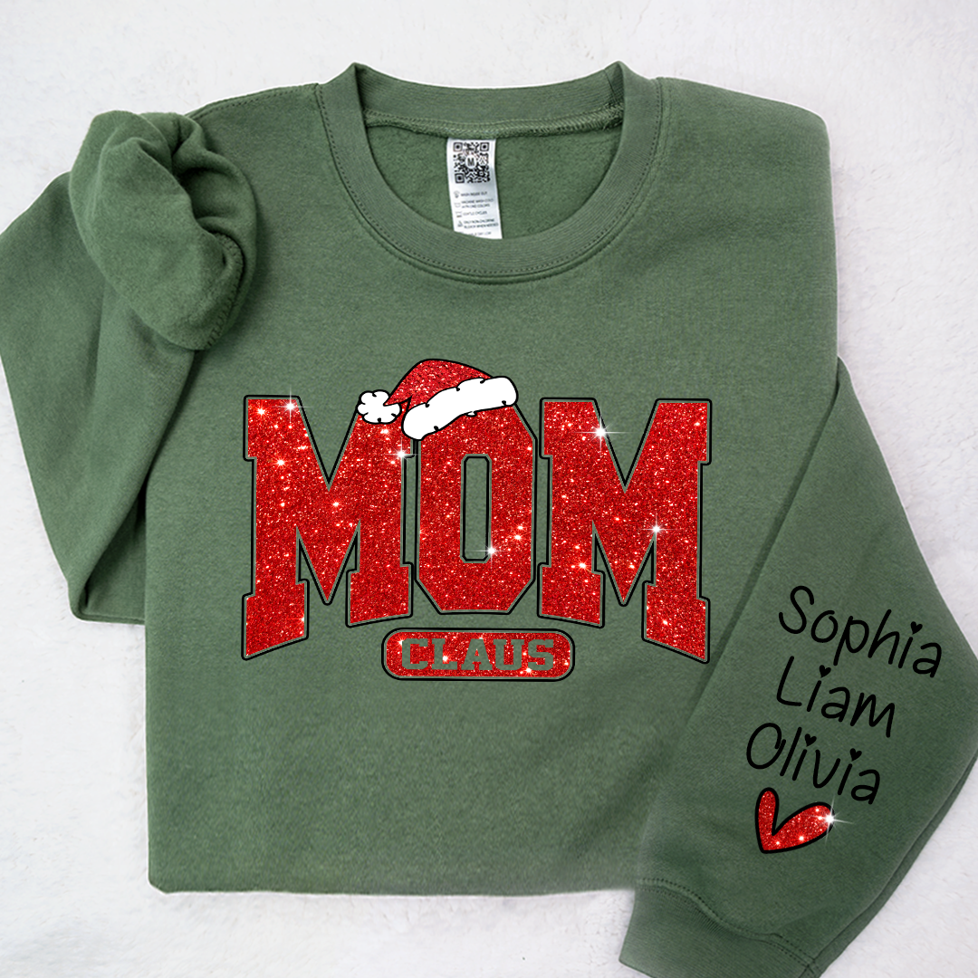 Glitter Merry Christmas Mom Sweatshirt With Kid Names On Sleeve, Mothers Day Gift LTP01