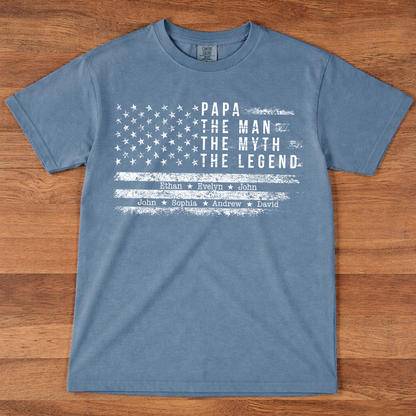 Comfort Colors Personalized Papa The Man The Myth The Legend Shirt – Custom Dad Gift with Kids Names and American Flag Design