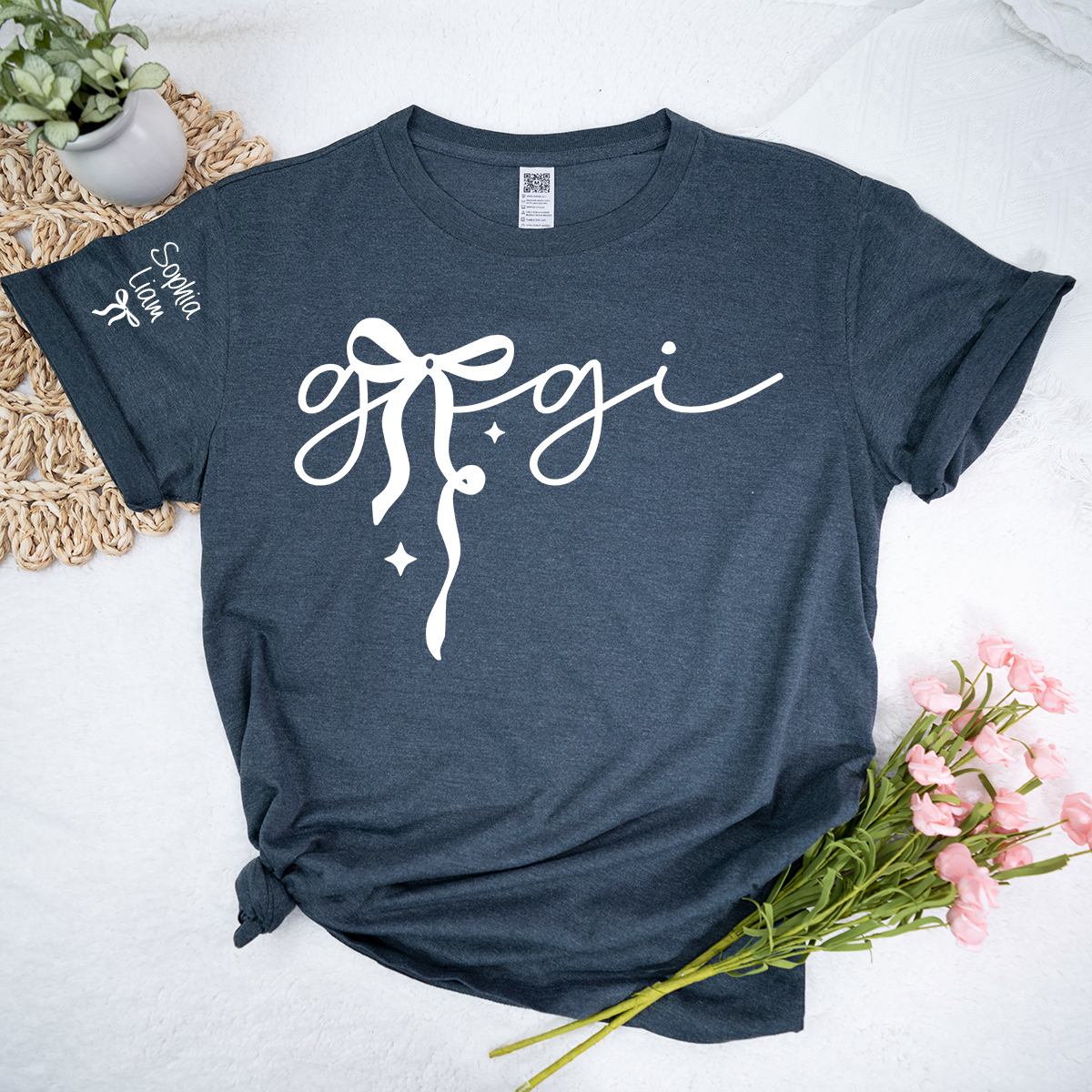 Gigi Script Bow T Shirt, Modern Minimal Grandma Shirt, Personalized Name on Sleeve, Soft Casual Gift for Gigi Grandma