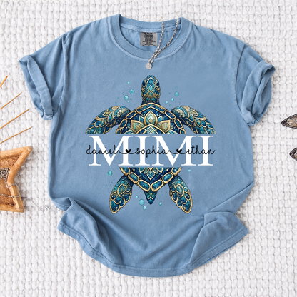 Comfort Colors Mimi Sea Turtle Shirt, Personalized Grandma Shirt with Grandchildren Names, Coastal Summer Gift for Mimi Nana