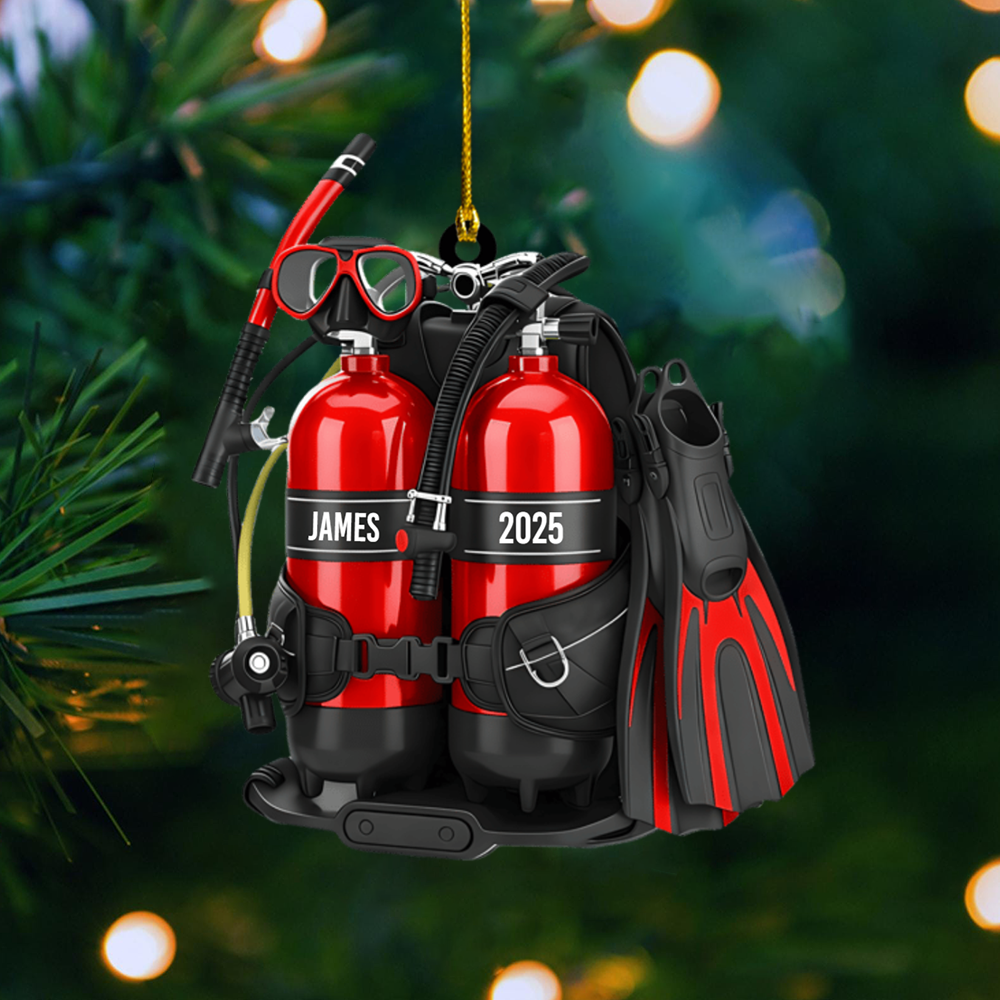 Personalized Scuba Diving Ornament 2025 – Custom Name Diver Ornament with Gear Set, Perfect Gift for Ocean Lovers & Divers Ornament