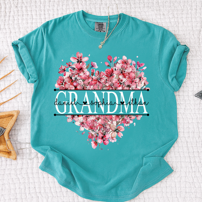 Comfort Colors Floral Heart Grandma Shirt, Custom Family Names and Heart Floral Design T Shirt