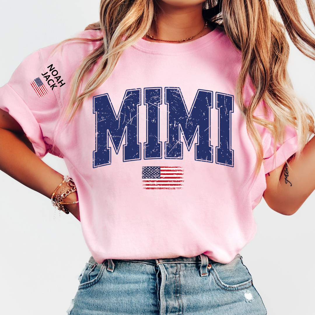 Mimi Patriotic Shirt with American Flag, Personalized Grandkids Names Family T Shirt