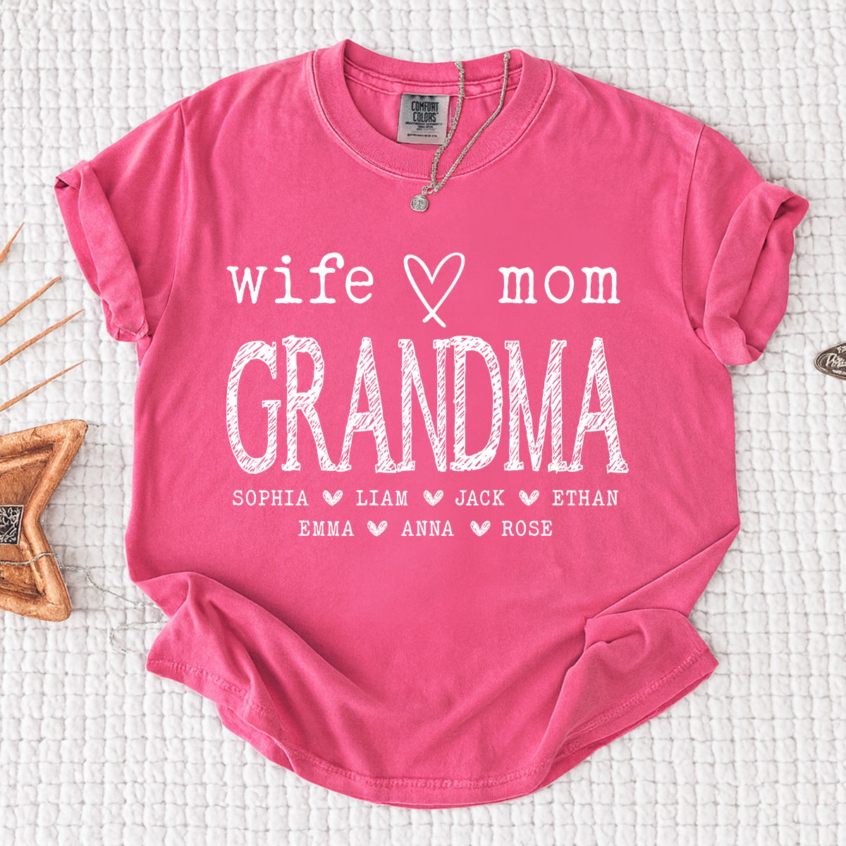 Comfort Colors® Wife Mom Grandma Shirt with Kids’ Names, Custom Family T-Shirt, Perfect Gift for Grandmother