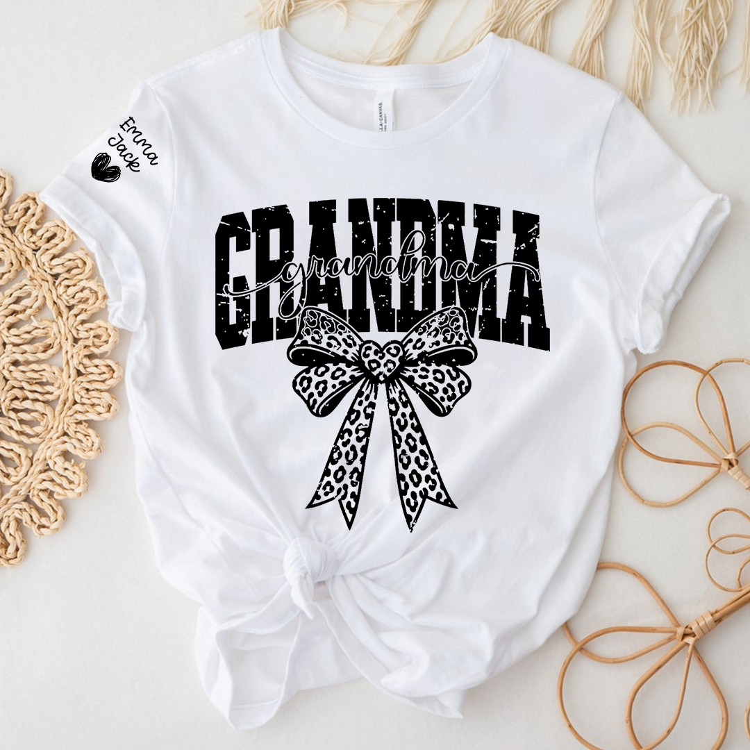 Personalized Grandma T-Shirt with Leopard Print Bow and Custom Grandkids Names