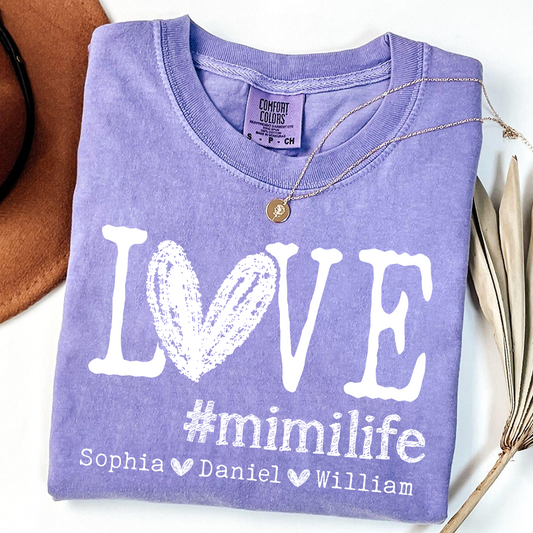 Comfort Colors LOVE mimilife Shirt, Custom Grandmother T Shirt with Kids' Names, Personalized Mimi Shirt, Perfect for Mother's Day, Birthday