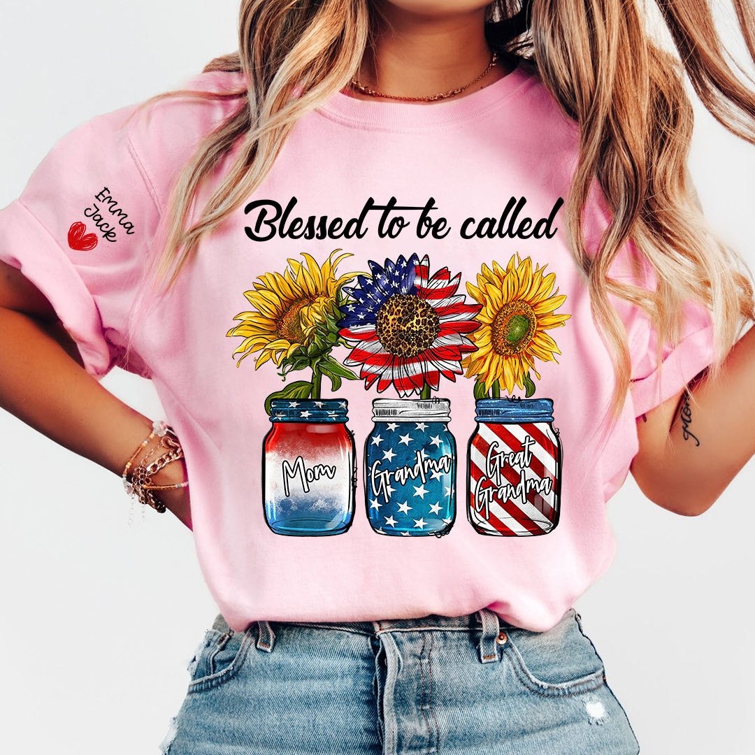 Blessed to be Called Nana Shirt, Custom Family T-Shirt with Sunflower and Flag Design, Give Family