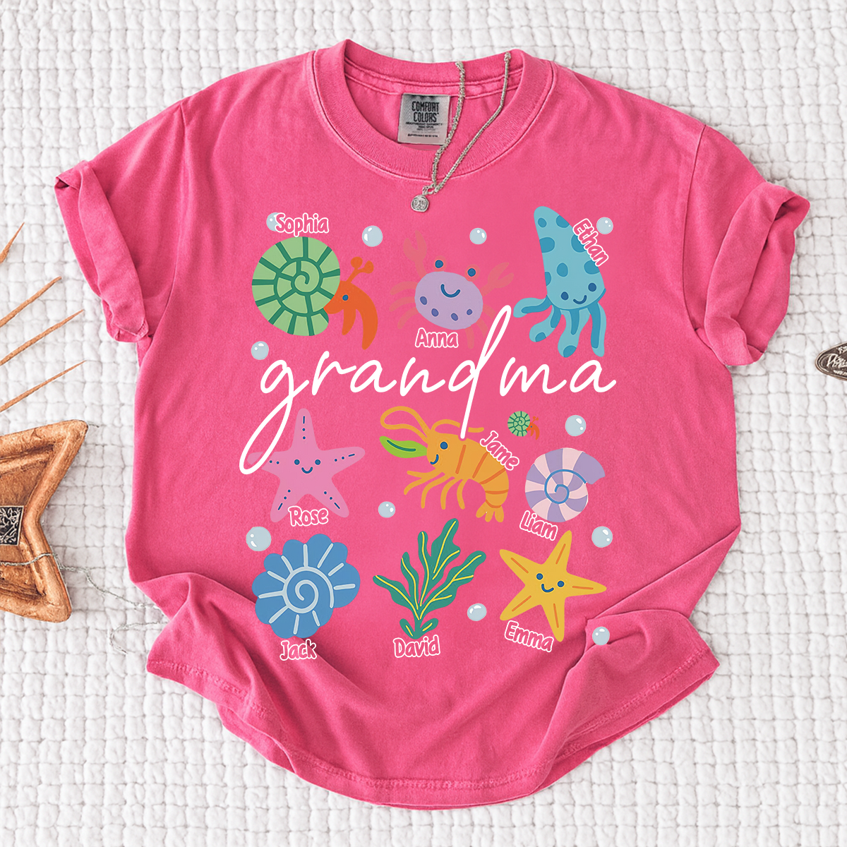 Comfort Colors® Personalized Grandma Sea Animals Shirt, Custom Grandkids Names Tee, Coastal Grandma Ocean Life T Shirt, Beach Gift for Grandma