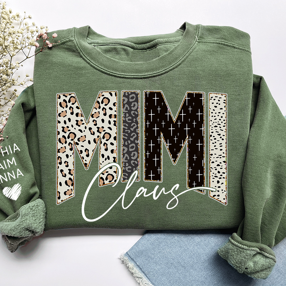 Personalized Mimi Claus Leopard Sweatshirt – Custom Bible Style Design, Unique Gift for Grandma and Her Grandkids
