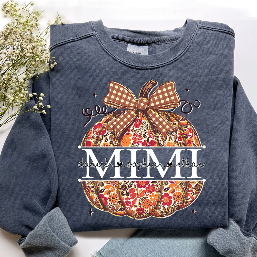 Custom Mimi Autumn T Shirt, Pumpkin Floral Grandma Shirt, Funny Fall Graphic Tee, Personalized Family Names Gift for Mimi