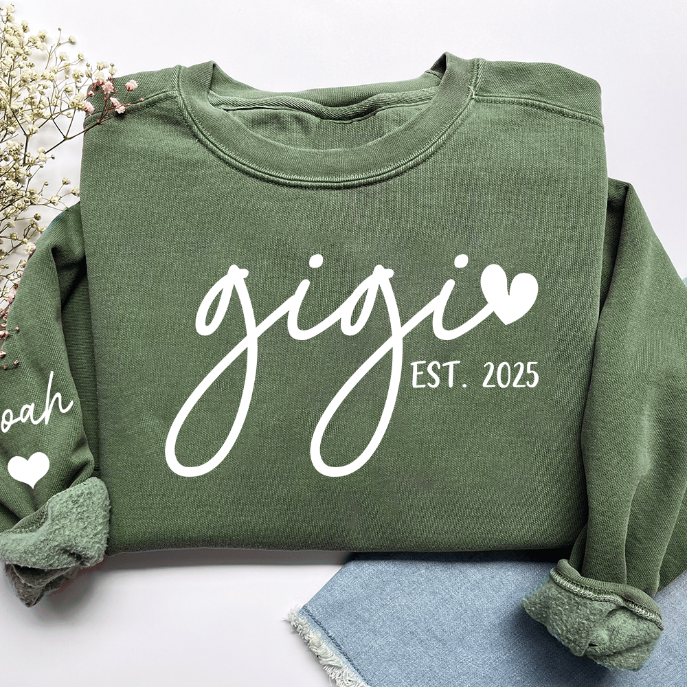 Personalized Gigi Sweatshirt, Custom Printed Name and Grandkids’ Names on Sleeve with Heart