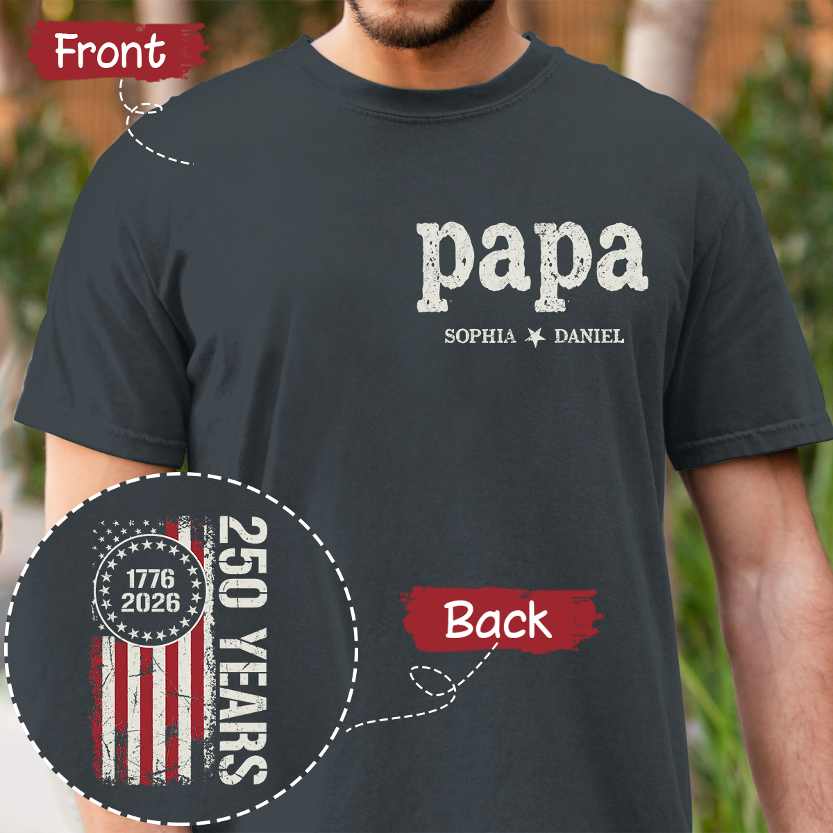 Papa Custom T Shirt, Personalized with Kids Names, Patriotic 250 Years of America Flag Design, Idea for Father’s Day