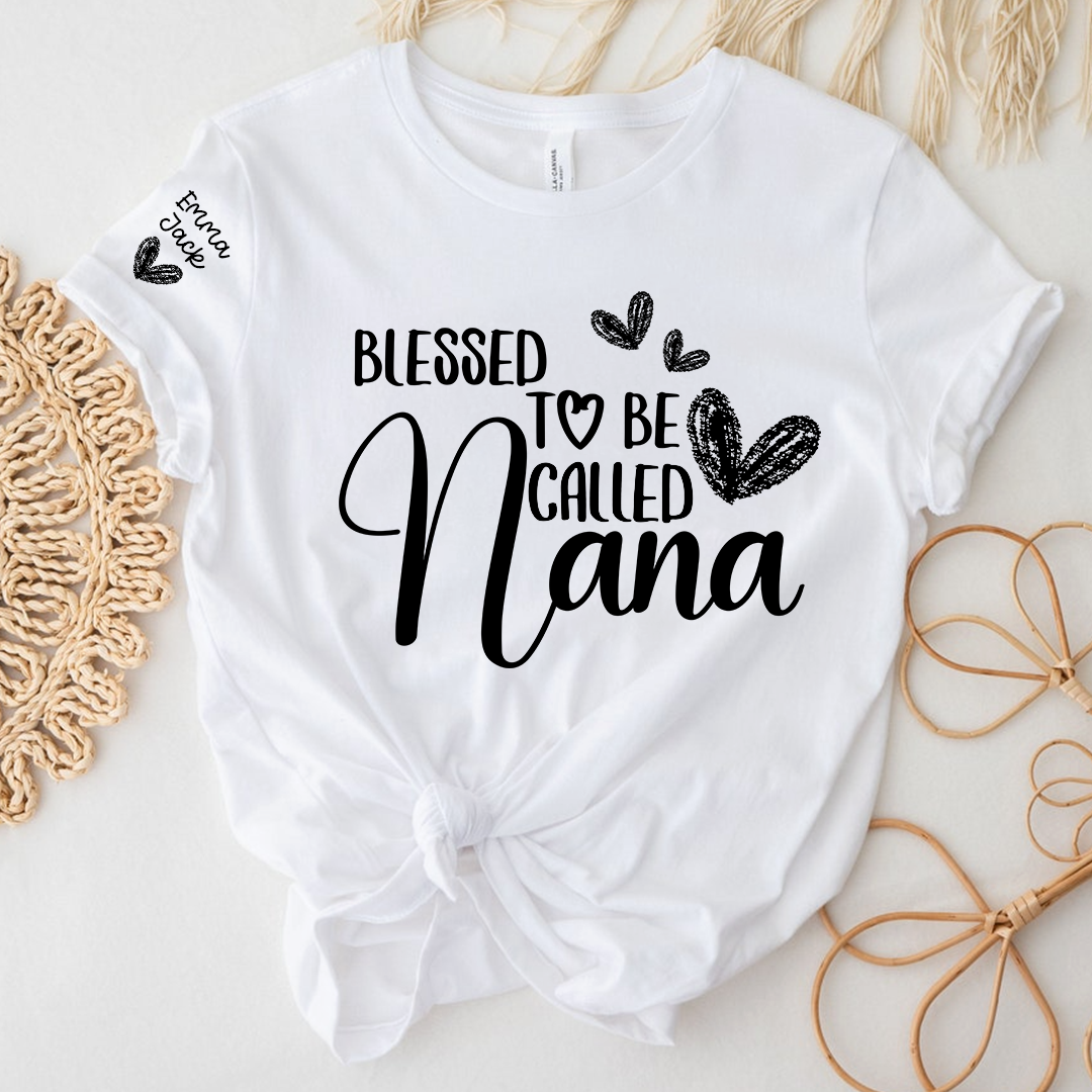 Blessed To Be Called Nana Personalized T-Shirt, Custom Name Nana Tee with Heart Graphic