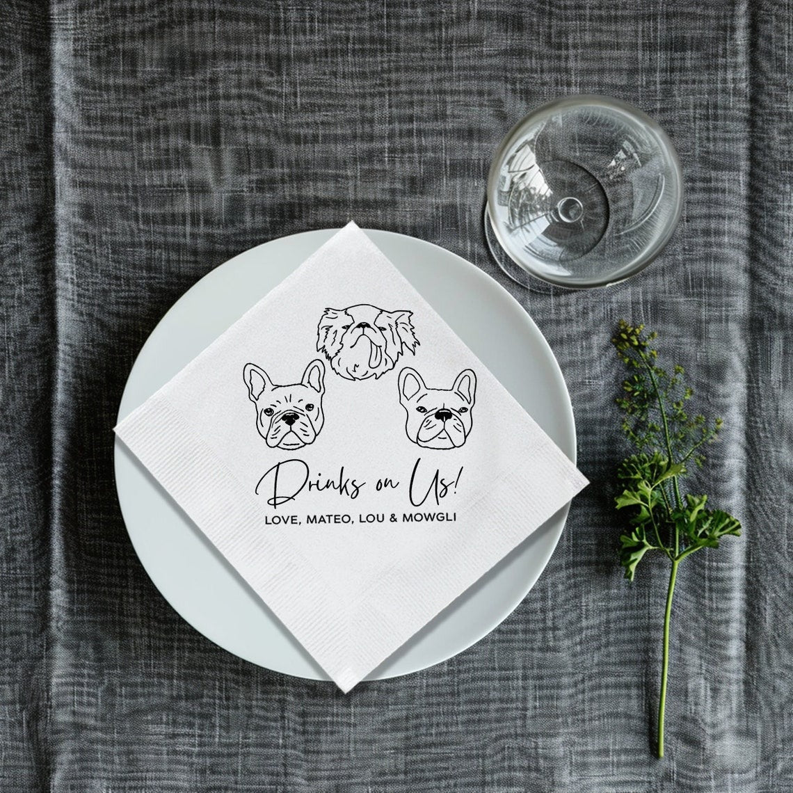 Personalized Illustrated Dog Cat Napkins, Engagement Party Napkins, Glass Cocktail Napkin, Custom Bar Napkins, custom Photo Dog Napkins 2024