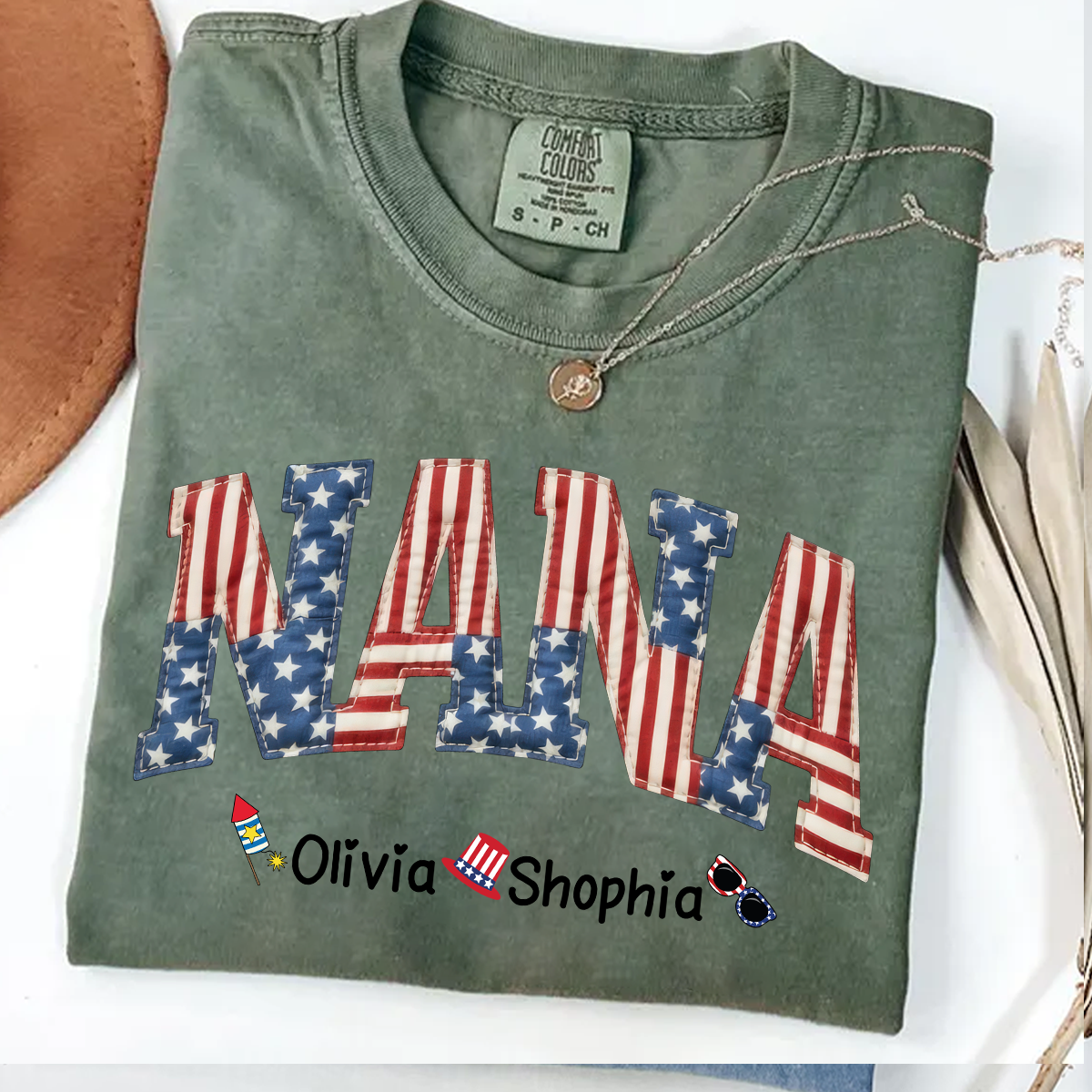 Comfort Colors Personalized Nana T-Shirt with American Flag Design – Custom 4th of July Gift for Nana with Grandkids Names