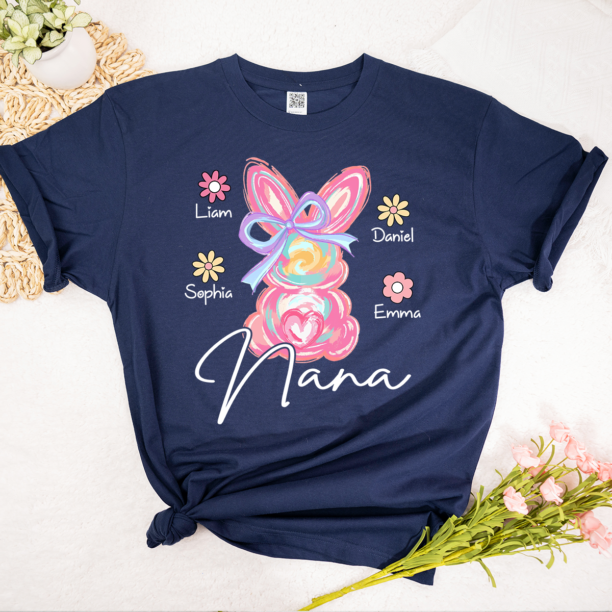 Custom Grandma T Shirt Bunny Design, Personalized Floral Shirt With Children Names