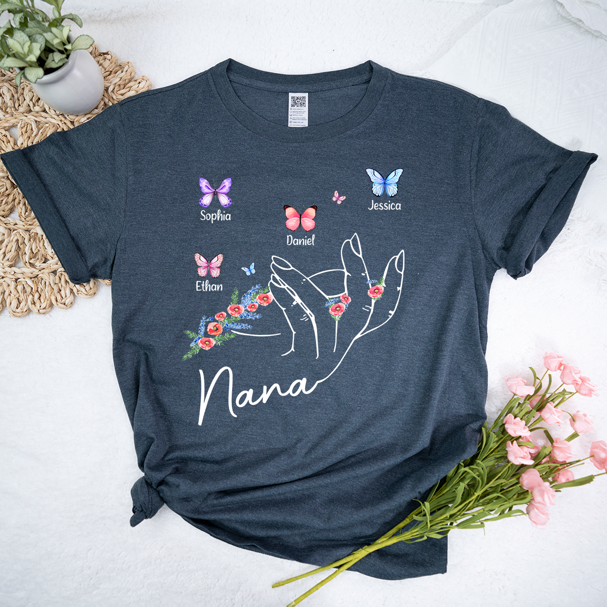 Personalized Mimi Shirt with Kids Names and Butterflies – Custom Grandma Gift with Hand Holding Design