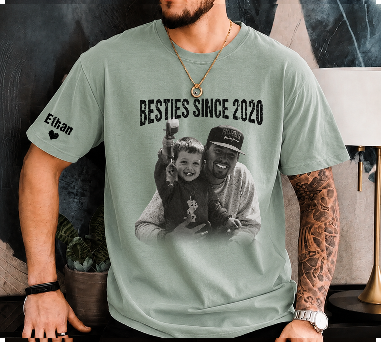 Personalized Besties Since Shirt with Custom Photo and Name on Sleeve Gift for Father’s Day