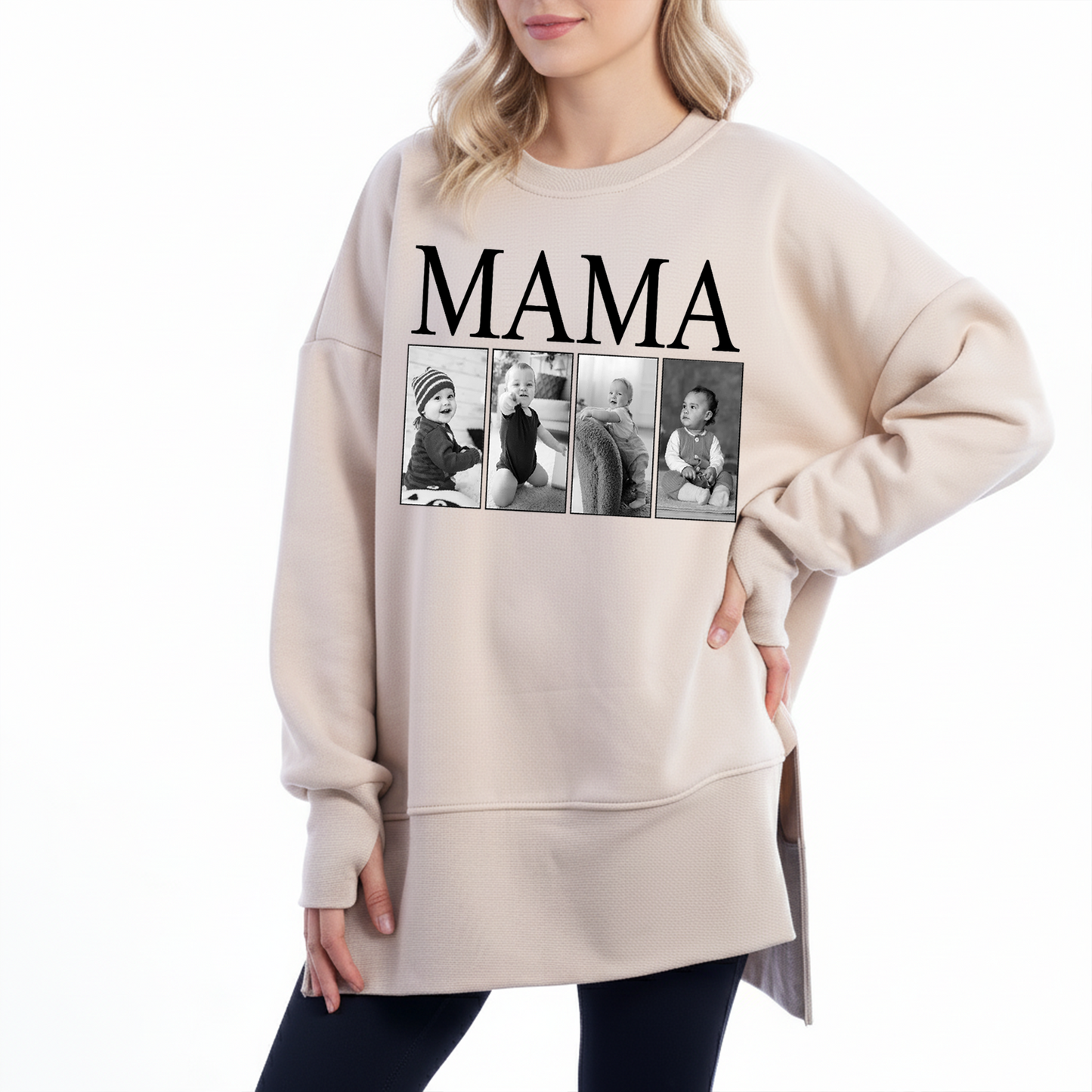 Custom MAMA Photo Sweatshirt – Personalized Oversized Pullover with Kids Pictures, Cozy Thumbhole Long Sleeve for Women