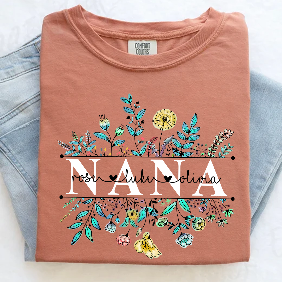 Comfort Colors® Wildflower Grandma Color T-Shirt, Custom Grandma With Grandkids Shirt