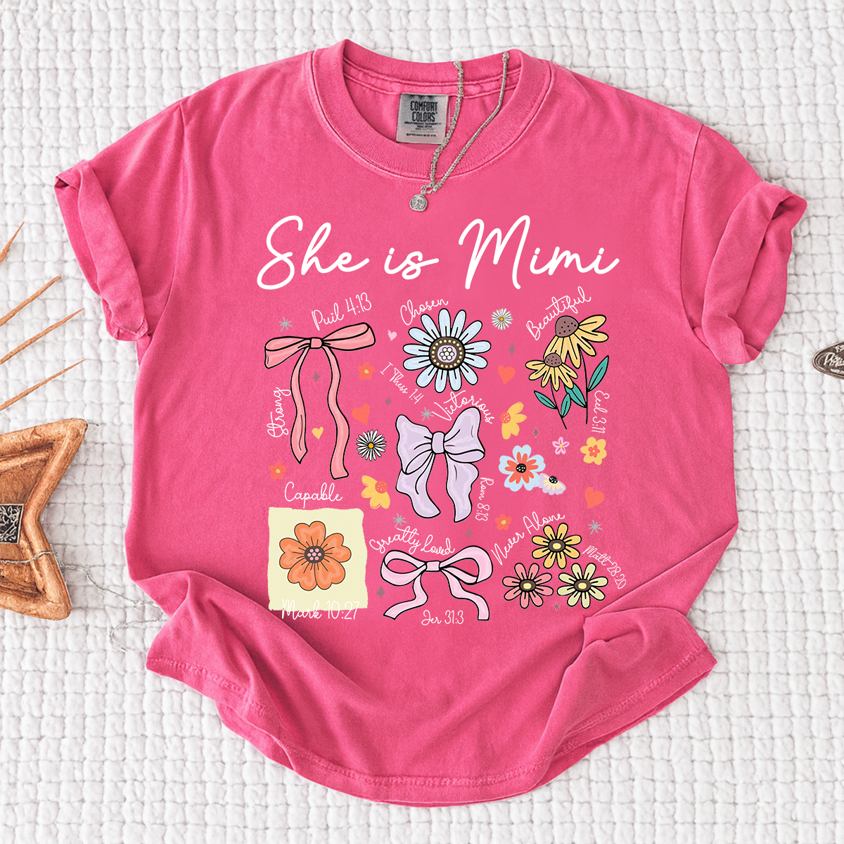 Comfort Colors Personalized Mimi Shirt She Is Mimi Quote with Floral Timeline Family Tee