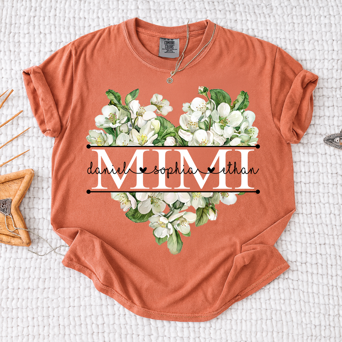 Comfort Custom Mimi T Shirt with Grandkids Names, White Floral Heart Family Tee