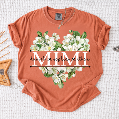 Comfort Custom Mimi T Shirt with Grandkids Names, White Floral Heart Family Tee