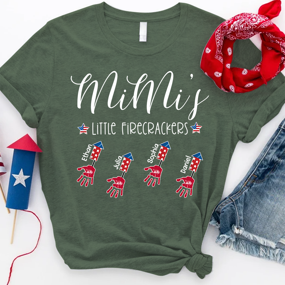 Personalized Mimi's Little Firecrackers T Shirt, Custom Grandchildren Names with Firework Handprint Design