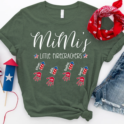 Personalized Mimi's Little Firecrackers T Shirt, Custom Grandchildren Names with Firework Handprint Design
