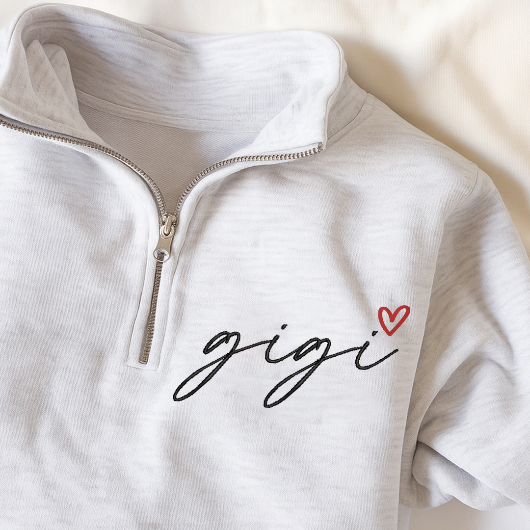 Personalized Hand Embroidered Gigi Est Sweater, Gift for Grandma and Kids Quarter Zip Sweater