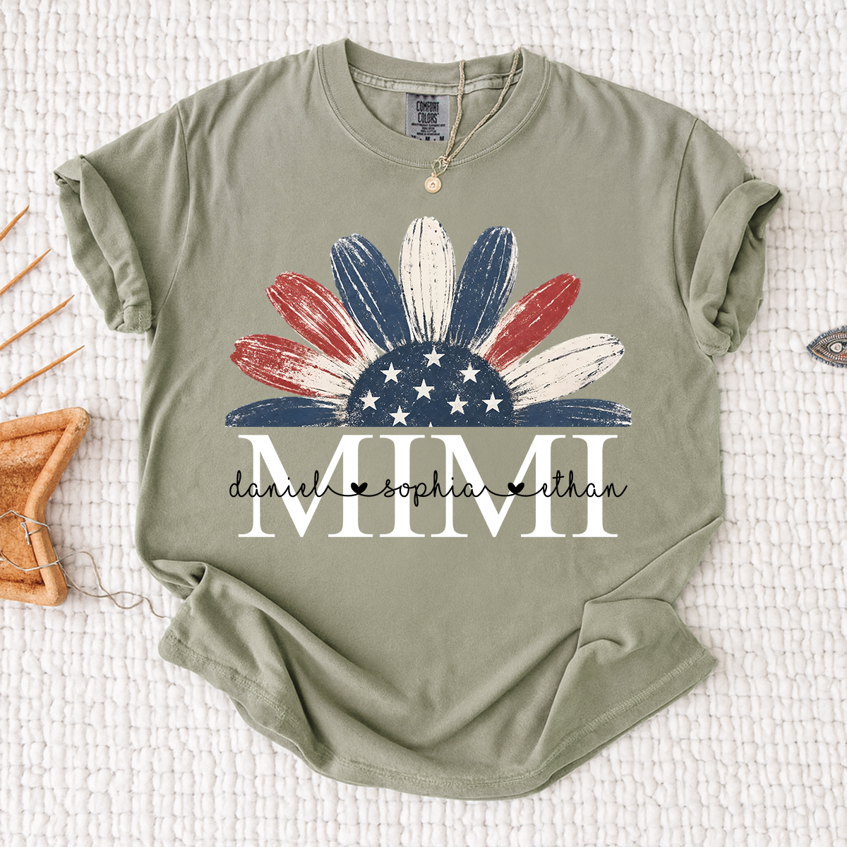 Comfort Colors Floral Mimi T Shirt, Custom Name Design with American Flag, Personalized Grandma Gift, Patriotic 4th of July Shirt