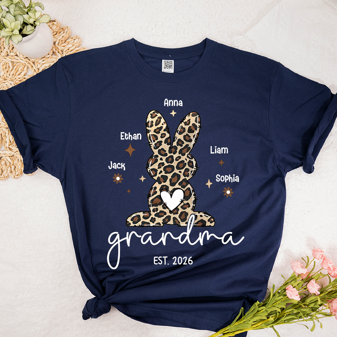 Personalized Grandma Easter Bunny Leopard Print T-shirt, Custom Grandma And Kids