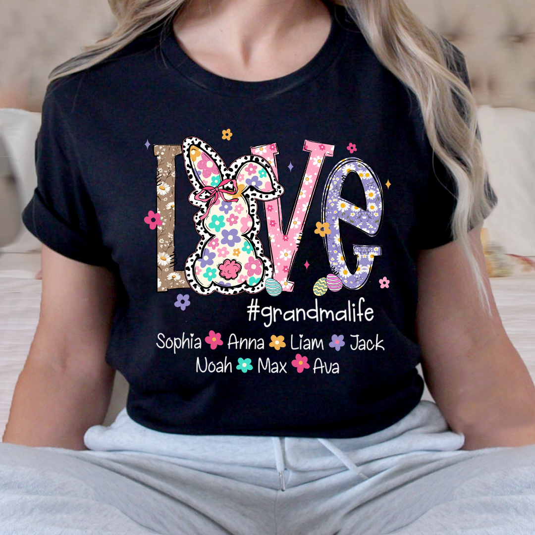 Personalized Love Grandma Liffe Easter T Shirt, Bunny And Egg Design With Names For Grandma And Kids