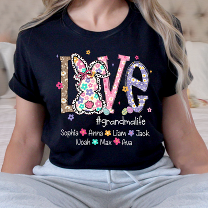 Personalized Love Grandma Liffe Easter T Shirt, Bunny And Egg Design With Names For Grandma And Kids