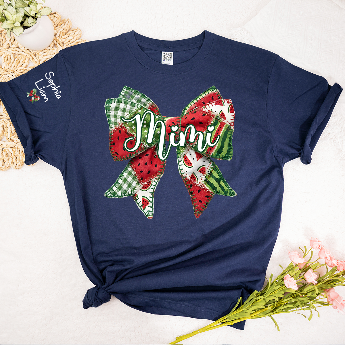 Personalized Mimi Watermelon Bow Shirt, Custom Grandma T Shirt with Grandkids Names, Summer Family Tee for Nana Gigi Mimi