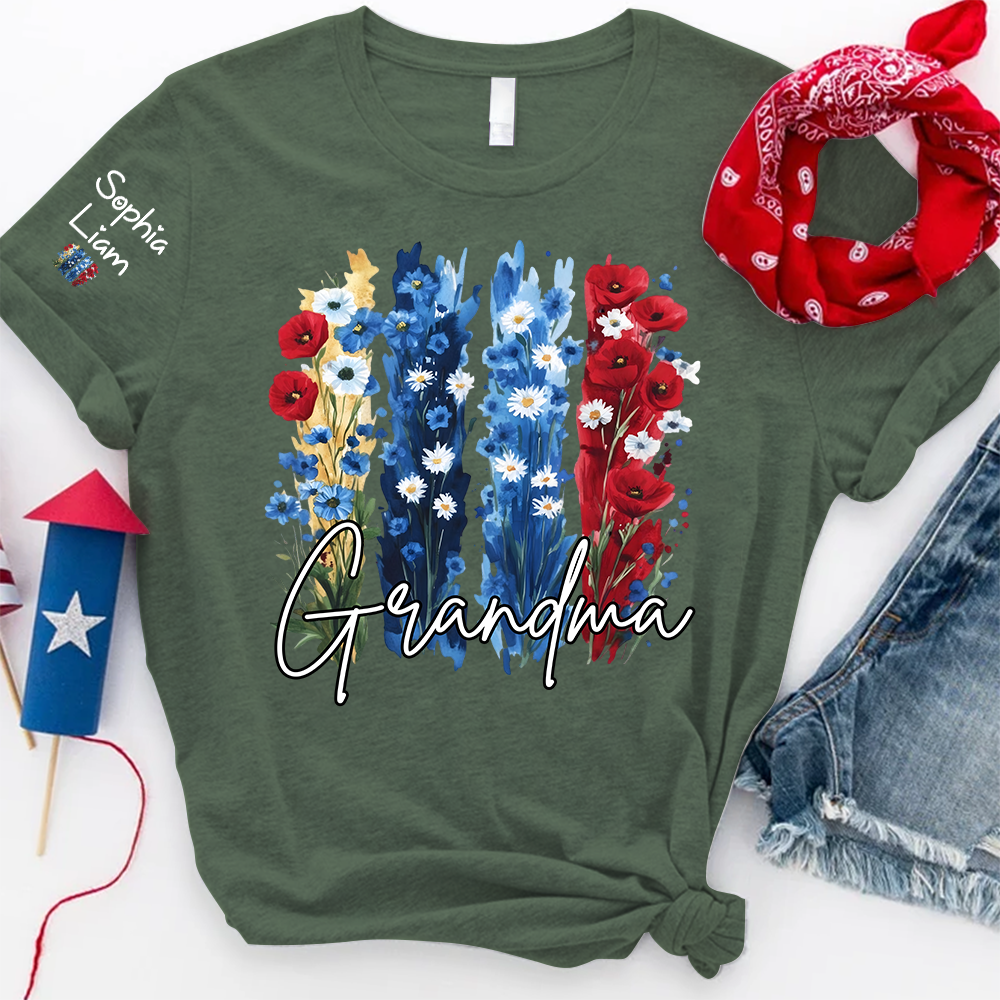Personalized Grandma Shirt with Floral Design, Custom Grandma Gift, Perfect Mother's Day, 4th of July T Shirt